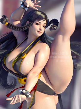 1girl alternate_costume alternate_hairstyle artnip ass bare_shoulders black_hair bracelet breasts capcom chun-li eyeshadow flexible highleg highleg_leotard huge_breasts jewelry kicking leg_up leotard lips long_hair looking_at_viewer makeup shiny_skin sideboob sidelocks smile spiked_bracelet spikes street_fighter street_fighter_v thick_thighs thighs