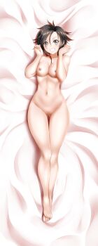 1girl absurdres barefoot bed_sheet black_hair breasts cleft_of_venus collarbone completely_nude dakimakura_(medium) female_focus from_above full_body gluteal_fold gradient_hair grey_eyes grin hair_between_eyes highres incredibly_absurdres kimmy77 looking_at_viewer lying medium_breasts multicolored_hair navel nipples nude on_back pussy red_hair ruby_rose rwby short_hair smile solo swept_bangs uncensored