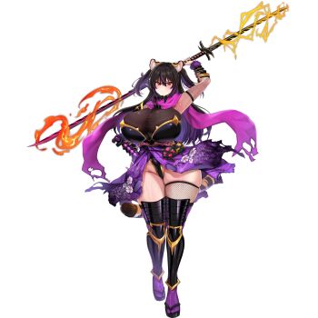 1girl animal_ear_fluff animal_ears armor armpits black_hair black_leotard breasts bursting_breasts cleavage closed_mouth double_blade electricity fire fishnet_sleeves fishnet_thighhighs fishnets flaming_sword flaming_weapon floral_print floral_print_kimono full_body fur-trimmed_armor fur_trim geta gigantic_breasts gold_trim hair_between_eyes highleg highleg_leotard highres holding holding_sword holding_weapon japanese_armor japanese_clothes kaenuco kimono kote kunoichi_shiden kurokote last_origin leotard long_hair looking_at_viewer mole mole_on_breast mole_on_thigh multicolored_hair ninja non-web_source official_alternate_costume official_art print_kimono purple_hair purple_kimono purple_scarf red_eyes scarf simple_background single_thighhigh skindentation solo standing suneate sword tabi tail thick_thighs thighhighs thighs tiger_ears tiger_girl tiger_tail torn_clothes torn_kimono torn_scarf transparent_background two-tone_hair two_side_up v-shaped_eyebrows weapon