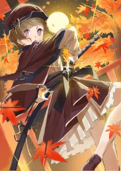 Rule 34 | 1girl, autumn leaves, capelet, commentary, falling leaves, feet out of frame, full moon, garand flash (love live!), hat, highres, jacket, kachimachi kosuzu, leaf, leg up, link! like! love live!, long sleeves, looking at viewer, love live!, maple leaf, miniskirt, moon, night, pink eyes, pleated skirt, red capelet, red hat, red jacket, red skirt, sheath, shirt, skirt, solo, unsheathing, virtual youtuber, white shirt, white skirt, zen66574227