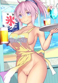 1girl absurdres alcohol aoba_(kancolle) apron beach beer beer_mug bikini blue_eyes blush breasts clothes_writing cup day drinking_straw flower hair_between_eyes highres holding holding_cup holding_tray kantai_collection kooribata kuromayu large_breasts mug naked_apron nervous_smile ocean outdoors pink_flower pink_hair ponytail pussy scrunchie sky smile sweat swimsuit tan tears tray uncensored yellow_apron