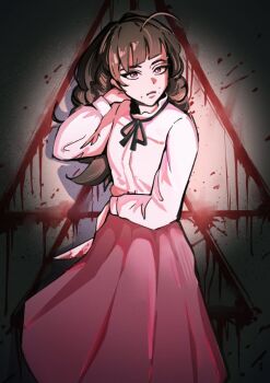 1girl black_ribbon blood bloody_knife brown_eyes brown_hair closed_mouth commentary english_commentary face_piercing fear_&amp;_hunger_(series) fear_&amp;_hunger_2:_termina feet_out_of_frame holding holding_knife knife long_hair long_sleeves looking_at_viewer marina_(fear_&amp;_hunger) mouth_piercing neck_ribbon piercing pink_skirt ribbon shirt sirteacup skirt solo white_shirt