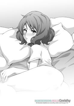 1girl absurdres anus ass bed blush breasts commentary english_commentary english_text geewhy greyscale hibike!_euphonium highres looking_at_viewer lying medium_breasts monochrome on_bed on_side oumae_kumiko parted_lips pillow pussy raised_eyebrow shirt short_sleeves solo subscribestar_username t-shirt thighs uncensored v-shaped_eyebrows watermark web_address