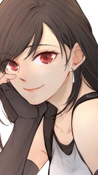 1girl bare_shoulders black_gloves black_hair close-up closed_mouth collarbone commentary earrings elbow_gloves elbow_rest final_fantasy final_fantasy_vii final_fantasy_vii_remake fingerless_gloves gloves hair_behind_ear highres jewelry lips long_hair looking_at_viewer maiii_(smaii_i) pink_lips red_eyes single_earring smile solo suspenders swept_bangs symbol-only_commentary tank_top teardrop_earrings tifa_lockhart twitter_username upper_body white_background white_tank_top