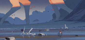 1boy ambiguous_gender ambiguous_species animal bicycle bicycle_bag bone commentary dark-skinned_male dark_skin dated english_commentary flying from_side highres morning mountain original oversized_animal pants red_hair riding riding_bicycle scenery signature solo_focus surreal walking water watermark web_address wetland white_pants wreckage xi_zhang