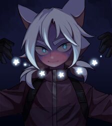 Rule 34 | 1girl, animal ears, blue eyes, commentary, freckles, gloves, highres, jacket, looking at viewer, low twintails, naoky, original, smile, solo, star (symbol), thick eyebrows, twintails, upper body, white hair