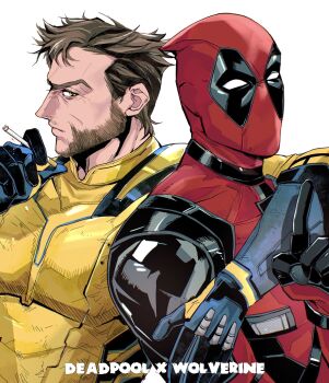 2boys beard bodysuit brown_hair cigarette closed_mouth commentary crutch_c deadpool deadpool_&amp;_wolverine deadpool_(series) english_commentary facial_hair gloves green_eyes highres holding holding_cigarette index_finger_raised looking_at_viewer male_focus marvel multicolored_bodysuit multiple_boys red_bodysuit red_mask short_hair single_arm_hug superhero_costume two-tone_bodysuit wolverine_(x-men) x-men yaoi yellow_bodysuit