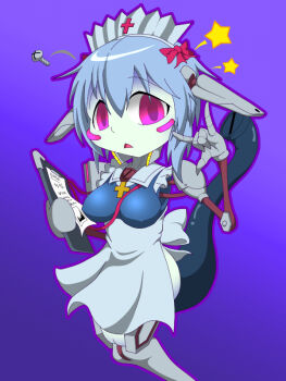 1girl amauchi android apron blue_hair blush blush_stickers bolt_(hardware) breasts colored_skin commentary_request cross gesture gradient_background grey_apron hair_ribbon hat holding looking_at_viewer mechanical_arms mechanical_legs medium_breasts mon-musu_quest! mon-musu_quest:_paradox monster_girl nurse_cap outline pointy_ears purple_background purple_eyes purple_ribbon radio_(mon-musu_quest!) ribbon robot_ears robot_girl short_hair smile solo star_(symbol) tail white_skin