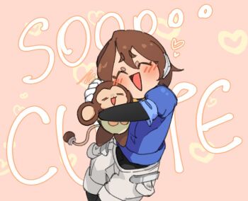 1girl aile_(mega_man_zx) black_bodysuit blue_jacket blush bodysuit bodysuit_under_clothes brown_hair closed_eyes cropped_jacket crossover data_(mega_man) english_text ghosty_entity heart holding hug in-franchise_crossover jacket mega_man_(series) mega_man_legends_(series) mega_man_zx monkey non-humanoid_robot pink_background robot robot_animal robot_ears short_hair shorts white_shorts