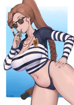 Rule 34 | 1girl, absurdres, artist name, bikini, bikini bottom only, blue background, blue bikini, braid, breasts, brown eyes, brown hair, cleavage, closed mouth, collarbone, covered erect nipples, crop top, curvy, dutch angle, female focus, hair tubes, hand on own hip, high ponytail, highleg, highleg bikini, highres, impossible clothes, impossible shirt, large breasts, last origin, lifeguard, long hair, long sleeves, looking at viewer, miss safety, moebell, navel, parted bangs, police, police badge, police uniform, policewoman, ponytail, scoop neck, shirt, single braid, solo, striped clothes, striped shirt, sunglasses, swimsuit, tight clothes, tight shirt, very long hair, whistle
