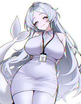 1girl absurdres breasts commentary_request fins fish_tail grey_hair haze_(7h4ze) highres id_card large_breasts long_hair office_lady original pencil_skirt shirt simple_background skirt smile solo tail white_background white_eyes white_shirt white_skirt