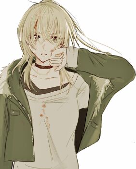 Rule 34 | 1girl, blood, blood on clothes, blood on face, commentary request, girls band cry, grcr pometa1118, green jacket, grey eyes, grey hair, hair between eyes, highres, jacket, kawaragi momoka, long hair, multicolored hair, open mouth, ponytail, roots (hair), shirt, simple background, solo, upper body, white background, white shirt