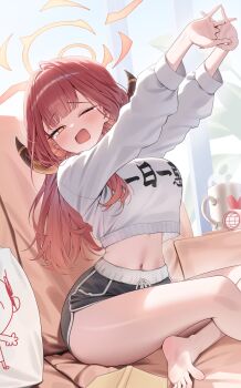 Rule 34 | 1girl, absurdres, aru (blue archive), barefoot, blue archive, breasts, couch, crop top, cup, demon horns, halo, highres, horns, indian style, interlocked fingers, large breasts, light blush, long hair, long sleeves, looking to the side, midriff, navel, one eye closed, open mouth, orange eyes, print shirt, red hair, red halo, sgholln, shirt, sitting, solo, stretching, thighs, white shirt, yawning