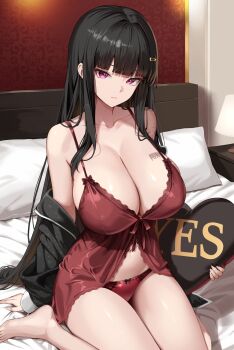 1girl absurdres alternate_costume babydoll barcode barcode_tattoo bare_shoulders barefoot bed black_hair breast_tattoo breasts cleavage closed_mouth collarbone d_(nikke) goddess_of_victory:_nikke hair_ornament hairclip heart heart-shaped_pillow highres huge_breasts indoors lamp long_hair looking_at_viewer masaki_nanaya navel off_shoulder on_bed panties pillow purple_eyes red_babydoll red_panties sitting solo tattoo thighs underwear wariza yes-no_pillow