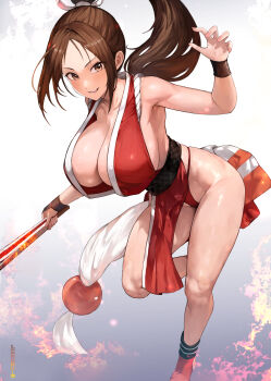 1girl absurdres arm_up breasts brown_eyes brown_hair cleavage fatal_fury floating_hair folding_fan hand_fan high_ponytail highres japanese_clothes large_breasts long_hair looking_at_viewer maro2ki3 motoyui obi panties parted_lips pelvic_curtain ponytail red_panties sash shiranui_mai smile solo street_fighter street_fighter_6 the_king_of_fighters underwear very_long_hair