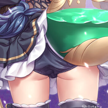 1girl ass black_dress black_panties black_thighhighs close-up dress erune ferry_(granblue_fantasy) flask granblue_fantasy panties pantyshot round-bottom_flask solo thighhighs torimaru twitter_username underwear