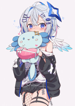 1girl absurdres amane_kanata amane_kanata_(cutesy_punk) angel angel_wings axolotl blue_hair blush box candy chocolate chocolate_heart colored_inner_hair fishnet_pantyhose fishnets food grey_hair hair_between_eyes hair_ornament hairclip heart heart-shaped_box highres hololive jacket juu_p multicolored_hair off_shoulder pantyhose purple_eyes shirt short_hair short_shorts shorts simple_background single_fishnet_legwear skindentation solo thigh_strap thighs upao_(amane_kanata) valentine virtual_youtuber white_shirt wings x_hair_ornament