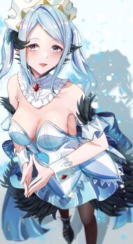 1girl absurdres aqua_eyes bare_shoulders black_feathers breasts cleavage dress feather_dress feather_trim feathers fire_emblem fire_emblem_fates fire_emblem_heroes flora_(fire_emblem) flora_(ice)_(fire_emblem) frost highres ice_skates izuminnu looking_at_viewer medium_breasts nintendo official_alternate_costume skates smile snowflakes solo strapless strapless_dress white_dress white_headdress