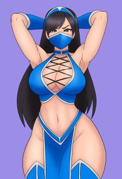Rule 34 | 1girl, absurdres, armpits, arms up, black hair, blue thighhighs, bojack198, boots, breasts, cleavage, earrings, gloves, hand fan, highres, holding, jewelry, kitana, large breasts, leotard, long hair, looking at viewer, mask, mortal kombat (series), mortal kombat 9, mouth mask, navel, ninja, ninja mask, pelvic curtain, solo, thighhighs