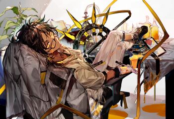 1boy :| absurdres arknights black_shoes brown_hair character_name closed_mouth collared_shirt commentary english_commentary glasses gloves grey_background hair_between_eyes highres kkuekkue_(chifer1958) legs_up liquid looking_at_viewer male_focus messy_hair orange_eyes pants parted_lips plant revision shirt shoes short_hair sideways_glance sitting solo thorns_(arknights) white_gloves white_pants white_shirt