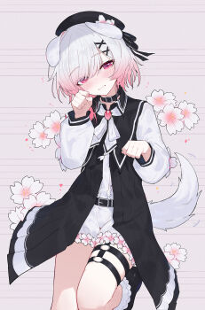 1girl animal_ears black_choker black_coat black_hat black_shoes blush chinese_commentary choker coat commentary_request dog_ears dog_girl dog_tail flower gradient_hair hair_ornament hat highres kemonomimi_mode long_sleeves mahou_shoujo_no_majo_saiban multicolored_hair open_mouth paw_pose pink_eyes pink_hair sakuraba_ema shoes short_hair shorts skindentation solo tail thigh_strap white_hair white_shorts x_hair_ornament yun_cao_bing