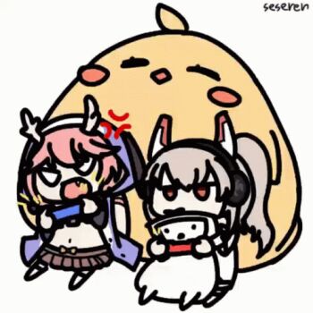 anger_vein animated animated_gif ayanami_(azur_lane) azur_lane baby_animal bird cellphone chick headset lowres manjuu_(azur_lane) multiple_girls phone ryuujou_(azur_lane) seseren smartphone