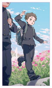 2boys 3ji backpack bag blue_background bug cloud cloudy_sky dragonfly flower insect male_focus multiple_boys original outdoors power_lines school_uniform short_hair shota sky