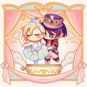1boy 1girl aiguillette alphastroo alternate_costume alternate_hairstyle arm_up ballerina ballet_slippers blonde_hair blue_eyes blue_flower blue_hair blue_slippers blunt_ends blush border chibi choppy_bangs closed_mouth curtains dancing dress epaulettes eyelashes facing_viewer flower genshin_impact gloves hair_between_eyes hair_bun hair_flower hair_ornament hair_pulled_back hat heart jacket looking_at_another lumine_(genshin_impact) military_hat military_uniform mini_hat mini_shako_cap multicolored_flower multicolored_hair open_clothes open_jacket ornate_border outstretched_arm pants purple_hair purple_hat purple_jacket scaramouche_(genshin_impact) shako_cap short_hair short_hair_with_long_locks sidelocks single_sidelock slippers standing standing_on_one_leg streaked_hair undershirt white_dress white_flower white_gloves white_pants winding_key