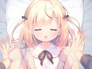 1boy 1girl bat_hair_ornament blonde_hair cardigan closed_eyes collared_shirt couple facing_viewer game_cg hair_ornament hetero large_variant_set long_sleeves lying mainichi_kiss_shite_lolita mihato_(mainichi_kiss_shite_lolita) neck_ribbon non-web_source on_back open_mouth pillow piyodera_mucha pov pov_hands ribbon shirt short_hair sleeves_past_wrists solo_focus two_side_up upper_body variant_set