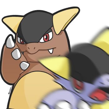 Rule 34 | artist request, fangs, female focus, kangaskhan, looking at viewer, mega kangaskhan, mega pokemon, meme, motion blur, nintendo, outstretched arm, pokemon, pokemon (creature), pun, red eyes, white background, woe plague be upon ye (meme)
