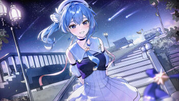 1girl absurdres arms_behind_back bench beret blue_choker blue_eyes blue_hair blue_necktie blurry blurry_foreground brooch bush chinese_commentary choker commentary_request detached_sleeves dress falling_leaves floating_hair grin hair_between_eyes hat highres hololive hoshimachi_suisei hoshimachi_suisei_(old_design) jewelry lamppost leaf long_hair looking_at_viewer meteor_shower necktie night oeuia outdoors park park_bench pleated_dress puffy_detached_sleeves puffy_sleeves side_ponytail sleeveless sleeveless_dress smile solo stairs star_(sky) star_(symbol) star_brooch star_in_eye symbol_in_eye virtual_youtuber white_dress white_hat