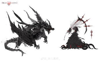 Rule 34 | 1other, absurdres, ambiguous gender, chinese commentary, commentary request, copyright name, creature, creature focus, dragon, floating hair, full body, grey hair, highres, monster, multiple views, original, reference sheet, scythe, simple background, solo, standing, tentacles, turnaround, watermark, weibo watermark, western dragon, white background, yu er zhen xian