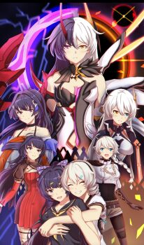 2girls :d absurdres ammunition_belt bare_shoulders benghuai_xueyuan black_jacket black_shirt blue_eyes boots braid brown_footwear brown_legwear brown_shorts closed_eyes closed_mouth dress electricity grin hair_ornament headband heterochromia highres honkai_(series) honkai_impact_3rd horns hug hug_from_behind jacket kiana_kaslana kiana_kaslana_(herrscher_of_the_void) kiana_kaslana_(valkyrie_ranger) kiana_kaslana_(void_drifter) long_hair long_sleeves looking_at_viewer multiple_girls multiple_views one_eye_closed open_mouth purple_eyes purple_hair raiden_mei raiden_mei_(herrscher_of_thunder) raiden_mei_(striker_fulminata) raiden_mei_(valkyrie_bladestrike) red_dress sailor_collar school_uniform shirt short_sleeves shorts single_horn single_wing smile split_screen sylnice teeth thigh_boots thighhighs twin_braids white_hair white_jacket white_shirt wings yellow_eyes