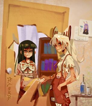 2girls black_hair blood bone bottle bow broken_door closed_eyes commentary cowboy_shot dress exposed_bone fujiwara_no_mokou glass grmarsa hair_bow hand_in_pocket handshake houraisan_kaguya long_hair looking_at_viewer multiple_girls necktie pants pink_dress ponytail red_eyes red_pants reisen_udongein_inaba shirt smile standing suspenders symbol-only_commentary table torn_clothes torn_shirt torn_sleeves touhou white_bow white_hair white_shirt