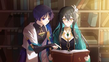 1boy 1girl a_tr_0 akademiya_uniform anemo_symbol_(genshin_impact) aqua_gemstone aqua_hair armor artist_self-insert black_bodysuit black_bridal_gauntlets black_hair black_shirt black_shorts blue_cape blue_kimono blue_sleeves blunt_ends blush bodysuit book bookshelf braid bridal_gauntlets cape chest_jewel closed_mouth coat collarbone colored_inner_hair covered_collarbone crossed_bangs eyelashes eyeliner eyeshadow feathers flower furisode gem genshin_impact glint gold gold_ring green_coat green_gemstone hair_between_eyes hair_flower hair_ornament half_up_half_down_braid hetero hibiscus highres holding holding_book index_finger_raised indoors japanese_armor japanese_clothes jewelry juban kimono kote kurokote layered_sleeves long_hair long_sidelocks looking_at_object makeup mandarin_collar middle_ring multicolored_hair neck_ring oc_x_canon open_clothes open_coat open_kimono open_mouth original pointing pointing_at_object pom_pom_(clothes) purple_eyes purple_hair purple_sash reading red_eyeliner red_eyeshadow sash scaramouche_(genshin_impact) shirt short_sleeves shorts shoulder_peek sidelighting sidelocks sparkle split_mouth streaked_hair sunlight tsurime vision_(genshin_impact) wanderer_(genshin_impact) white_flower white_kimono white_mouth white_sleeves wispy_bangs yellow_eyes yellow_feathers