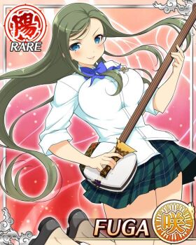 Rule 34 | blue bow, blue bowtie, blue eyes, border, bow, bowtie, breasts, card (medium), character name, english text, fuga (senran kagura), game cg, green hair, green skirt, holding, holding instrument, holding plectrum, instrument, jumping, large breasts, legs up, long hair, long sleeves, looking at viewer, midair, mole, mole under eye, official alternate costume, official art, parted bangs, parted lips, plaid clothes, plaid skirt, plectrum, sakigei municipal academy school uniform, school uniform, senran kagura, senran kagura new wave, shamisen, shirt, skirt, smile, treble clef, white shirt