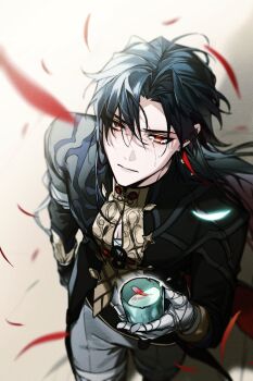 1boy bandaged_hand bandages black_coat black_hair blade_(honkai:_star_rail) closed_mouth coat collared_shirt commentary_request crying crying_with_eyes_open floating_hair grey_pants highres holding honkai:_star_rail honkai_(series) korean_commentary long_hair long_sleeves looking_up male_focus pants parted_hair red_eyes savior33550336 shirt solo standing tears tears_from_one_eye