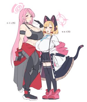 Rule 34 | 2girls, absurdres, alternate breast size (larger), animal ear headphones, animal ears, black gloves, black skirt, black thighhighs, blonde hair, blue archive, blue necktie, breasts, cat ear headphones, cat ears, character name, commentary request, eimi (blue archive), fake animal ears, fake tail, gloves, gya rb, halo, headphones, highres, huge breasts, jacket, jacket partially removed, long hair, looking at viewer, momoi (blue archive), multiple girls, necktie, open mouth, pink hair, pink halo, shirt, simple background, skirt, smile, standing, tail, thick thighs, thighhighs, thighs, very long hair, white background, white shirt
