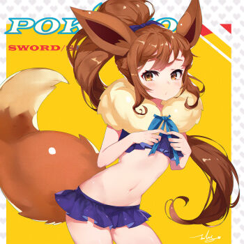 1girl animal_ears bikini bikini_skirt blue_bikini blue_bow blush bow brown_eyes brown_hair closed_mouth commentary_request copyright_name eevee eevee_ears eevee_tail female_focus fingers_together fur_collar gen_1_pokemon groin hair_bow heart heart_background high_ponytail highres index_fingers_together jiujiuyatou_(yayanzz) leaning_forward long_hair navel nintendo personification pokemon pokemon_swsh pokemon_tail ponytail signature solo swimsuit tail two-tone_background very_long_hair white_background yellow_background
