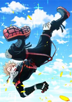 1boy :p bakugou_katsuki black_boots black_pants blonde_hair boku_no_hero_academia boots cloud commentary facial_scar full_body gloves knee_pads long_sleeves male_focus pants scar scar_on_cheek scar_on_face shirt short_hair sky solo sparkle superhero_costume symbol-only_commentary takehara tongue tongue_out upside-down