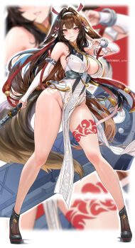 1girl bare_legs bare_shoulders black_boots blurry blurry_background blush boots breasts brown_hair chinese_clothes commentary dated full_body groin hair_flaps hair_intakes hair_ornament hairband hand_up highres holding holding_sword holding_weapon kuji-in large_breasts legs leotard long_hair looking_at_viewer orange_eyes parted_lips pelvic_curtain signature smile standing sword tail toyoman twitter_username very_long_hair weapon white_hairband white_leotard ye_shunguang zenless_zone_zero zoom_layer