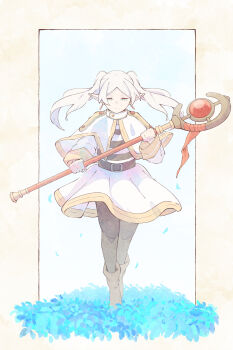 absurdres belt black_belt black_pantyhose blue_flower blue_petals boots brown_boots capelet commentary earrings elf falling_petals field flower flower_field forget-me-not_(flower) frieren full_body gold_trim green_eyes grey_hair highres holding holding_staff jacket jewelry light_smile long_hair naranoashika pantyhose parted_bangs petals pointy_ears shirt skirt sousou_no_frieren staff striped_clothes striped_shirt symbol-only_commentary thick_eyebrows twintails white_capelet white_jacket white_skirt