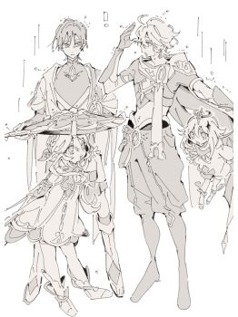 ! 2boys 2girls aether_(genshin_impact) ahoge anklet arm_behind_back armlet armor arms_at_sides blunt_ends bodysuit borrowed_clothes braid choppy_bangs closed_mouth covered_collarbone crop_top cropped_shirt detached_sleeves diamond_hair_ornament dress floating gem genshin_impact hair_between_eyes hair_ornament half_crown_braid halo hand_up height_difference holding improvised_umbrella japanese_clothes jewelry juban kimono layered_sleeves leaf leaf_hair_ornament leg_warmers levitation long_sleeves looking_at_another mechanical_halo midriff multiple_boys multiple_girls nahida_(genshin_impact) navel okktru open_clothes open_hand open_kimono open_mouth outdoors paimon_(genshin_impact) pants pauldrons pointy_ears rain romper sandals scaramouche_(genshin_impact) scarf sepia short_dress short_sleeves shoulder_armor shoulder_peek side_cape sideways_glance single_pauldron size_difference socks standing stirrup_footwear tareme toeless_legwear toes tsurime vambraces vision_(genshin_impact) wanderer_(genshin_impact) white_background zouri