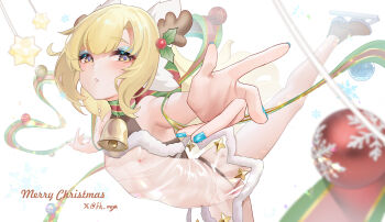 1girl absurdres armpits bare_legs bare_shoulders bell blonde_hair blue_eyeshadow blue_nails christmas eyeshadow fh_moya flat_chest fur-trimmed_leotard fur_trim hair_ornament highres ice_skating leotard looking_at_viewer makeup merry_christmas navel neck_bell nipples open_mouth original see-through_clothes see-through_leotard skating skating_rink leotard solo spread_eagle_position standing standing_on_one_leg wing_ears yellow_eyes