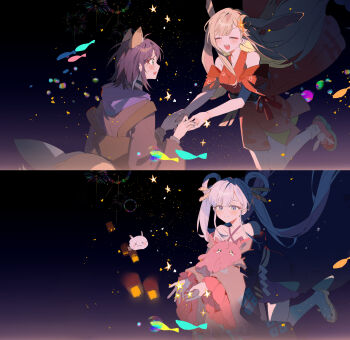 Rule 34 | 3girls, :d, absurdres, animal ears, bare shoulders, black background, black kimono, blonde hair, blue eyes, blue hoodie, cho kaguya-hime!, closed eyes, closed mouth, commentary request, crescent, crescent hair ornament, floating clothes, floating hair, fox ears, fox tail, frilled sleeves, frills, fushi (cho kaguya-hime!), gradient background, green eyes, grey hair, hair floating upwards, hair ornament, hair rings, hair stick, highres, holding hands, hood, hoodie, japanese clothes, kaguya (cho kaguya-hime!), kimono, long hair, long sleeves, looking at another, lop rabbit ears, multiple girls, night, octopus, open mouth, profile, purple hair, rabbit ears, red kimono, runami yachiyo, sakayori iroha, school of fish, serien, shoes, short hair, sky, smile, star (symbol), tail, twintails, very long hair, wide sleeves