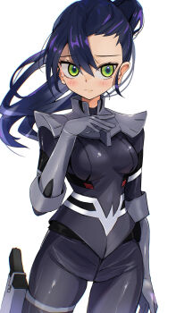1girl asymmetrical_bangs black_bodysuit blaze_(blazeillust) blue_hair blush bodysuit closed_mouth commentary_request cowboy_shot frown gloves green_eyes grey_gloves gun gundam gundam_gquuuuuux hand_on_own_chest handgun highres holster holstered looking_at_viewer mecha_pilot_suit normal_suit_(gundam) nyaan_(gundam_gquuuuuux) ponytail science_fiction simple_background solo spoilers standing weapon white_background zeon