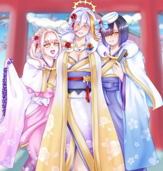 3girls absurdres baldr_(fire_emblem_heroes) baldr_(new_year's_elite)_(fire_emblem_heroes) blonde_hair blue_kimono breasts cleavage colored_inner_hair commentary drill_hair earrings english_commentary fang fire_emblem fire_emblem_heroes floral_print flower fur-trimmed_kimono fur_trim geta gradient_clothes gradient_hair gradient_kimono gradient_skirt green_eyes grey_hair griff hair_flower hair_ornament hair_over_one_eye hakama hakama_skirt halo hand_fan heterochromia highres hodr_(fire_emblem) hodr_(new_year's_elite)_(fire_emblem) japanese_clothes jewelry kimono large_breasts long_hair looking_at_viewer multicolored_hair multiple_girls nintendo official_alternate_costume open_mouth orange_halo paper_fan pink_hair pink_kimono red_eyes short_hair siblings sisters skirt smile solo streaked_hair tabi twitter_username umbrella vali_(devoted_sister)_(fire_emblem) vali_(fire_emblem) very_long_hair white_hair white_kimono yellow_eyes yellow_kimono