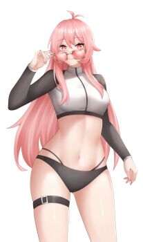 1girl bikini black_bikini gluteal_fold highleg highleg_bikini looking_at_viewer mumble_(shachimu) navel pink_eyes pink_hair popcornflakes simple_background solo stomach sunglasses swimsuit thighs white_background