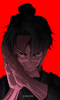 1boy :q absurdres anjens black_hair commentary cosplay curtained_hair english_commentary evil_grin evil_smile furrowed_brow grin hair_bun highres looking_at_viewer male_focus meme parody rubbing_hands_together ryoumen_sukuna_(jujutsu_kaisen) ryoumen_sukuna_(jujutsu_kaisen)_(cosplay) shadow_slave smile solo sunny_(shadow_slave) tongue tongue_out underlighting upper_body