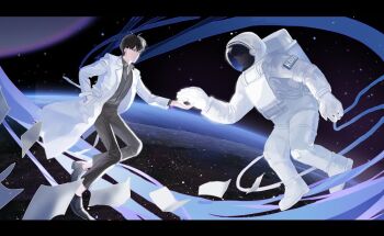 2boys astronaut atmospheric_layer black_hair black_shirt coat collared_shirt floating flying_paper full_body gloves gryregeneration helmet kim_dokja male_focus multiple_boys official_alternate_costume omniscient_reader&#039;s_viewpoint open_clothes open_coat paper planet popped_collar reaching reaching_towards_another shirt short_hair sky space space_helmet spacesuit star_(sky) starry_sky tether white_coat white_gloves yoo_joonghyuk